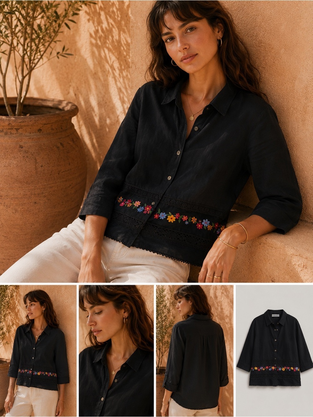Black Linen-Blend Top with Floral Embroidery 14 Petite Vintage